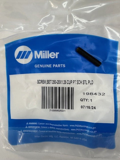 Miller 198432 SCREW,SET 250-28X1.25 CUP PT SCH STL PLD