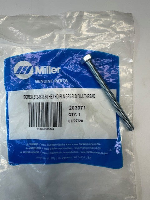 Miller 203071 SCREW,312-18X3.50 HEX HD-PLN GR5 PLD FULL THREAD
