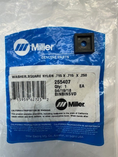 Miller 265407 WASHER,SQUARE NYLON .715 X .715 X .250 - .218 HOLE
