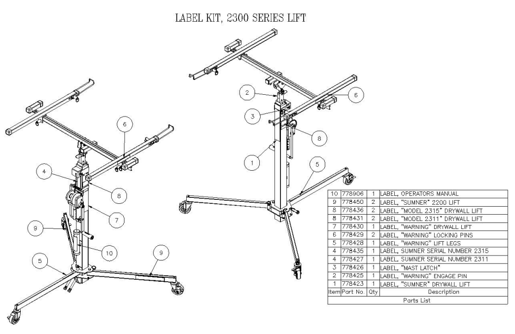 Sumner 778450 LABEL, LABEL SUMNER 2200 LIFT – Energized Engines