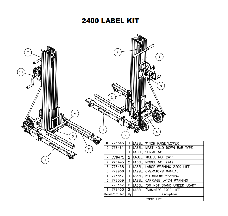 Sumner 778450 LABEL, LABEL SUMNER 2200 LIFT – Energized Engines